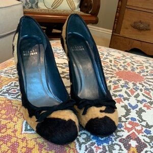 Stuart Weitzman Black and Tan Heels with Faux Fur Accent